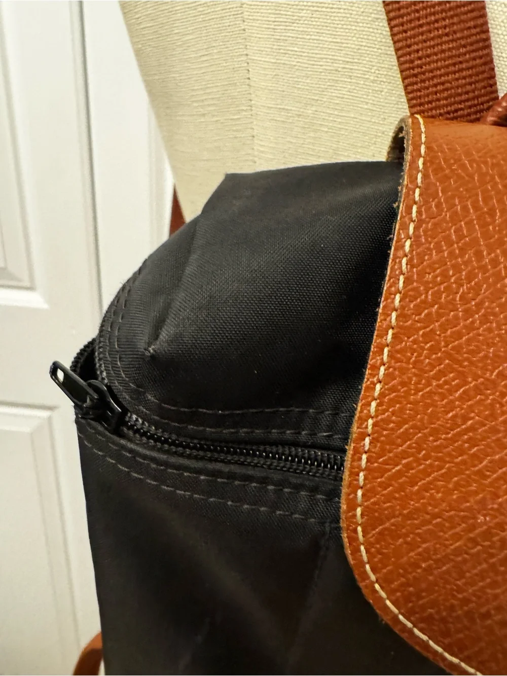 Longchamp Black Backpack with Brown Leather Flap